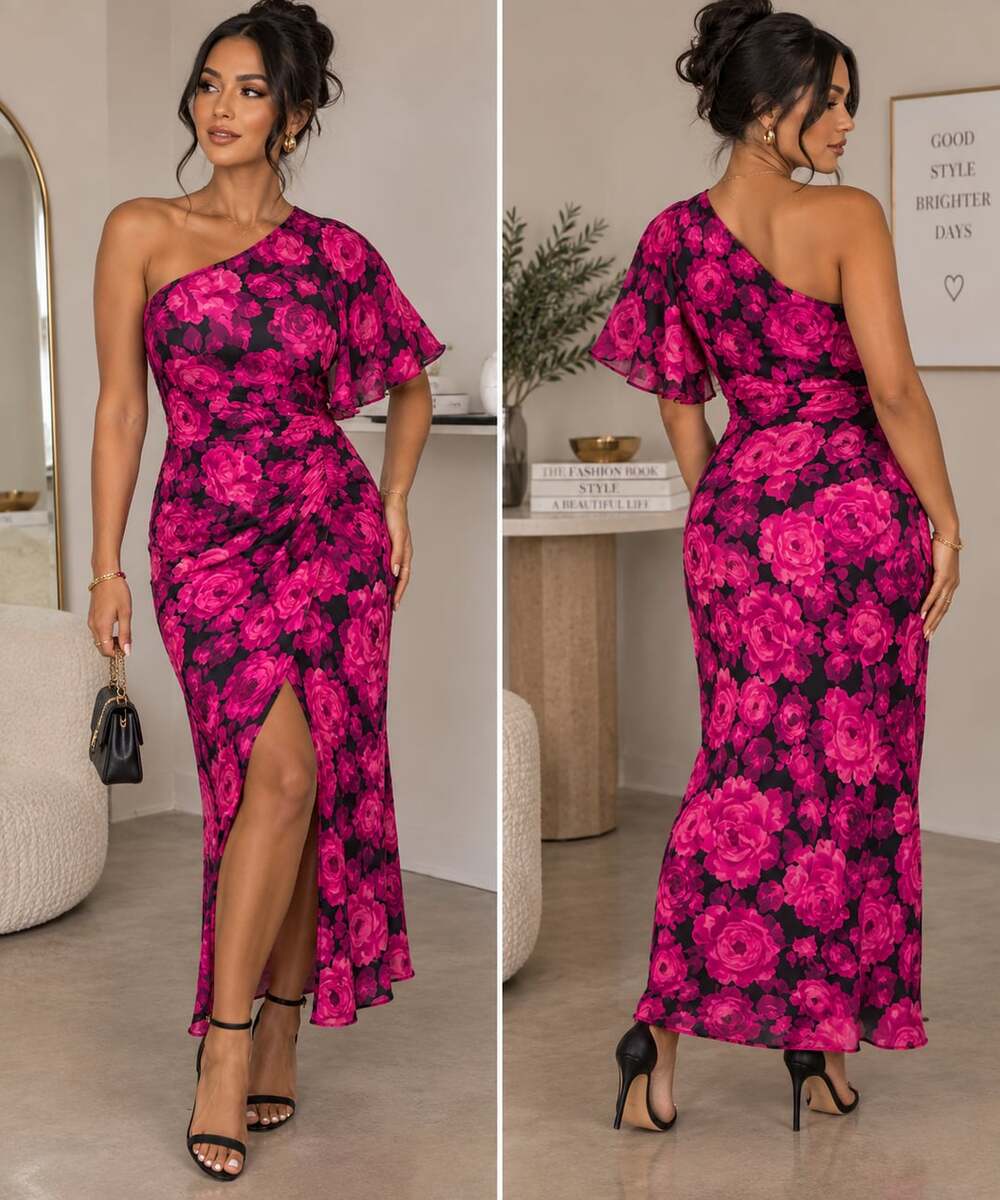 DO+BE Pink Rose Floral One Shoulder Ruched Midi Dress Medium